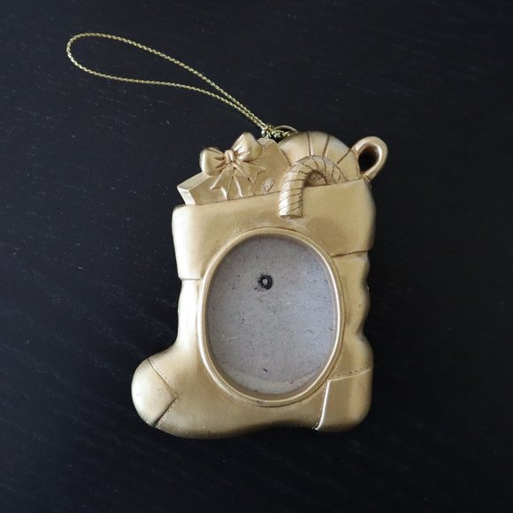 Vintage Two's Company Gold Christmas Ornament Stocking Bell Hanging Photo Frame - Picture 2 of 3